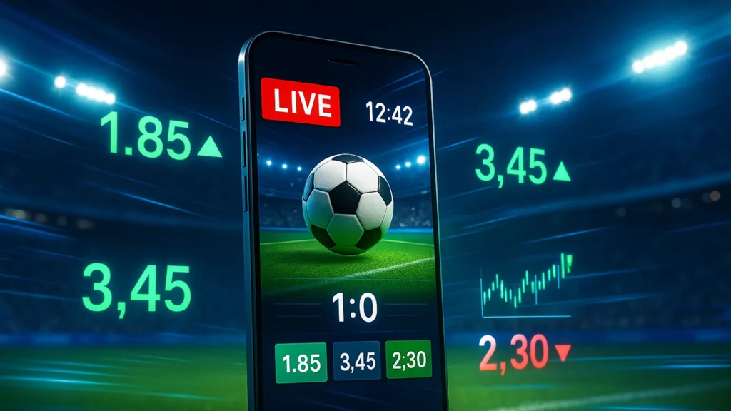 Live Wetten in Echtzeit: Smartphone mit Live-Wettquoten vor dramatischer Stadion-Kulisse mit fluktuierenden Odds