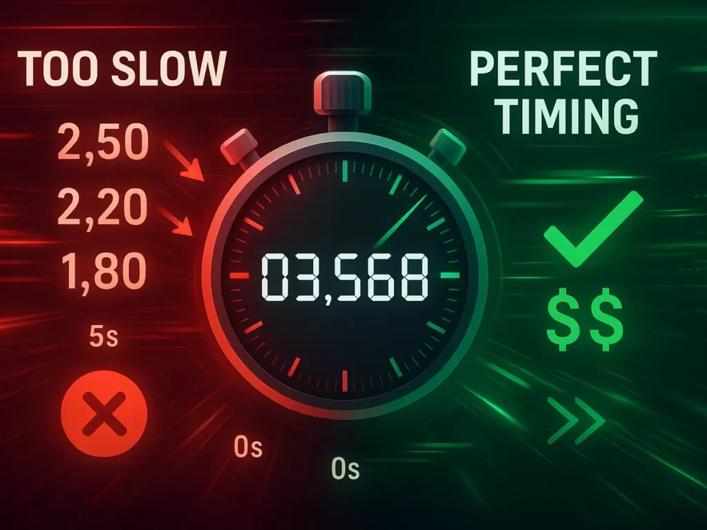 Konzept der Geschwindigkeit bei Live-Wetten: Countdown-Timer mit wechselnden Quoten und Perfect-Timing-Indikator