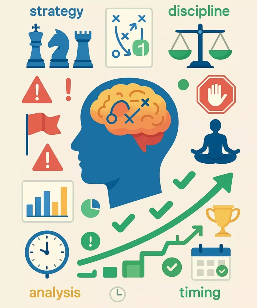 Live-Wetten-Strategien: Gehirn-Symbol mit taktischen Elementen, Disziplin-Indikatoren und Analyse-Charts