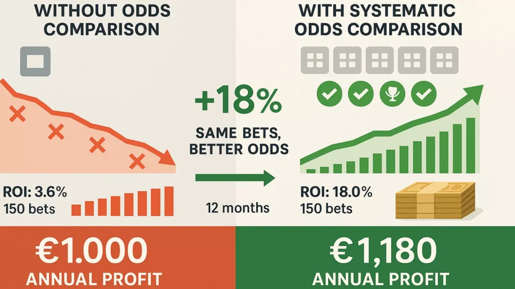 Profit-Vergleich über ein Jahr: Ohne Quotenvergleich versus mit systematischem Quotenshopping, Gewinnsteigerung um 18 Prozent