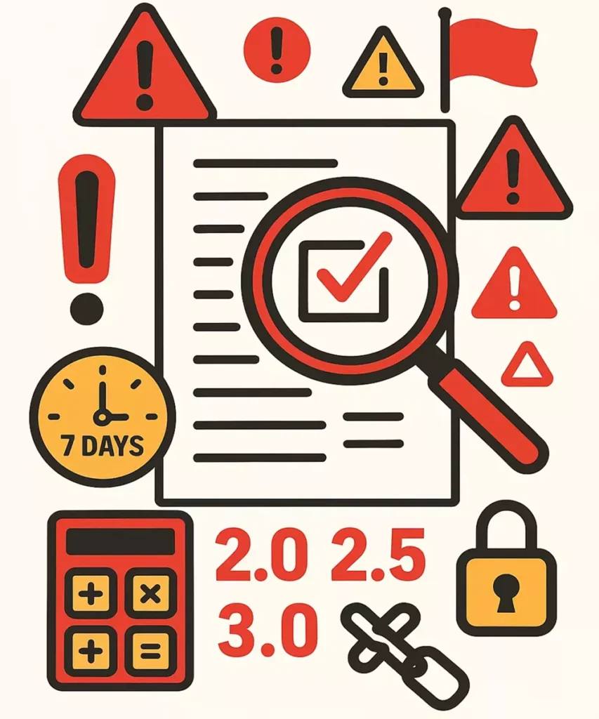 Warnsignale bei Bonusbedingungen: Lupe über Kleingedrucktem mit roten Warnzeichen und Zeitdruck-Symbolen