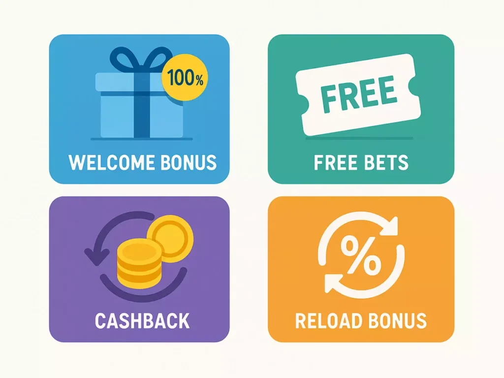 Übersicht verschiedener Sportwetten Bonus-Typen: Willkommensbonus, Freiwetten, Cashback und Reload-Boni