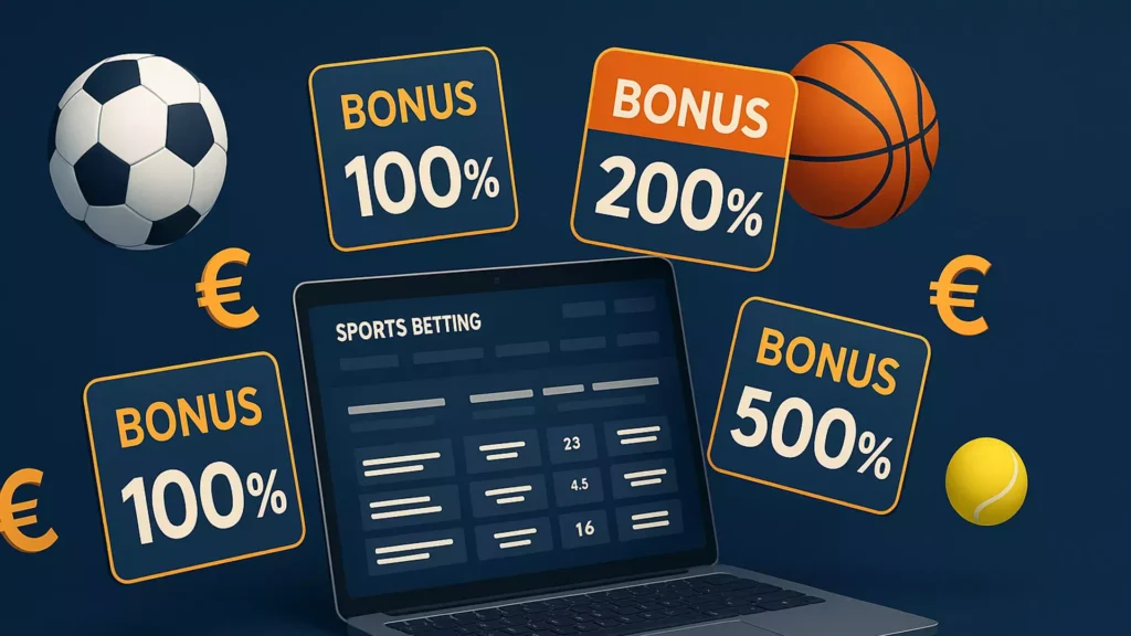Sportwetten Bonus Vergleich 2025 mit verschiedenen Bonusangeboten und Euro-Symbolen auf modernem Display