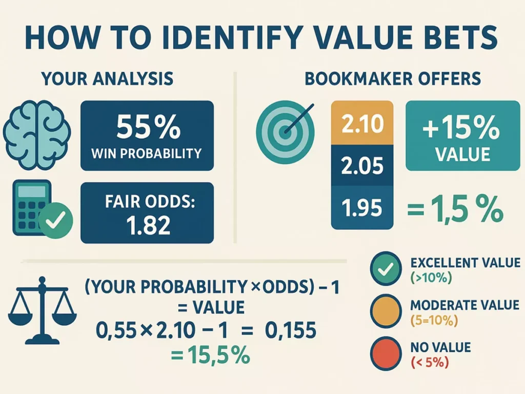 Value-Bets erkennen und berechnen: Vergleich zwischen eigener Analyse und Buchmacher-Quoten mit Gewinn-Indikator