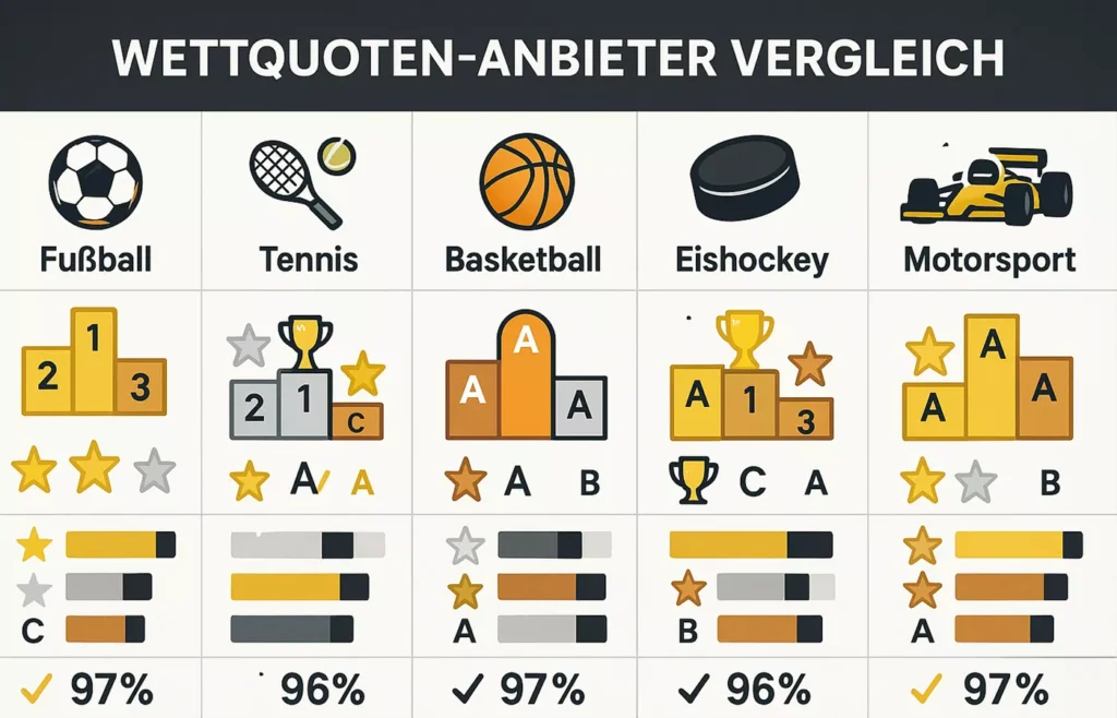 Vergleich der besten Wettquoten-Anbieter nach Sportarten: Fußball, Tennis, Basketball, Eishockey mit Rankings