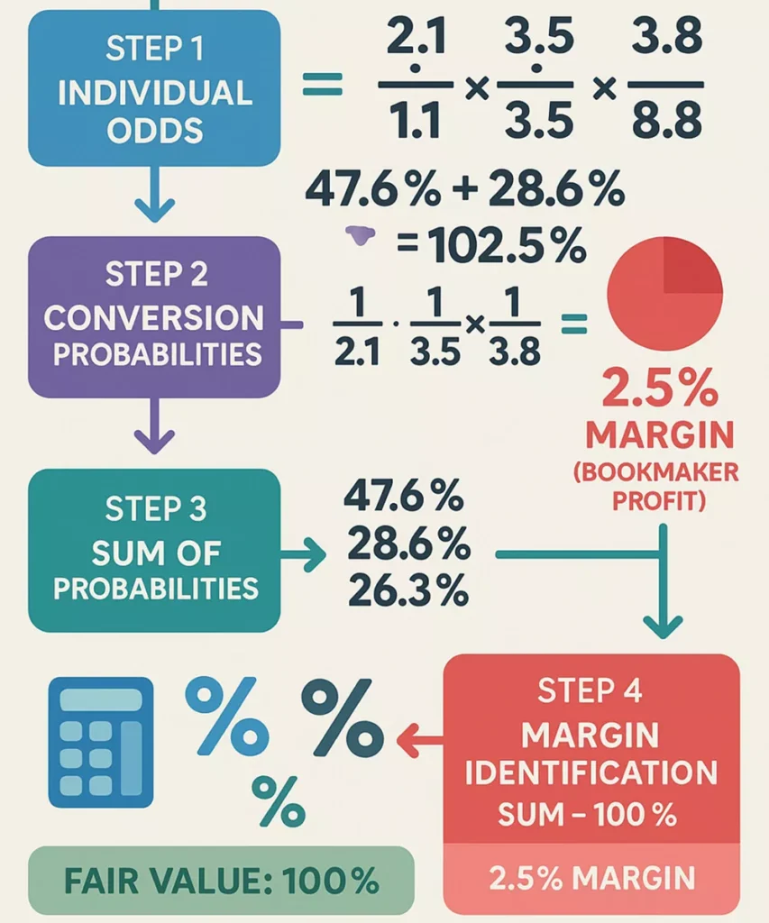 Quotenschlüssel Berechnung: Mathematische Formel zur Umrechnung von Wettquoten in Wahrscheinlichkeiten und Buchmacher-Marge