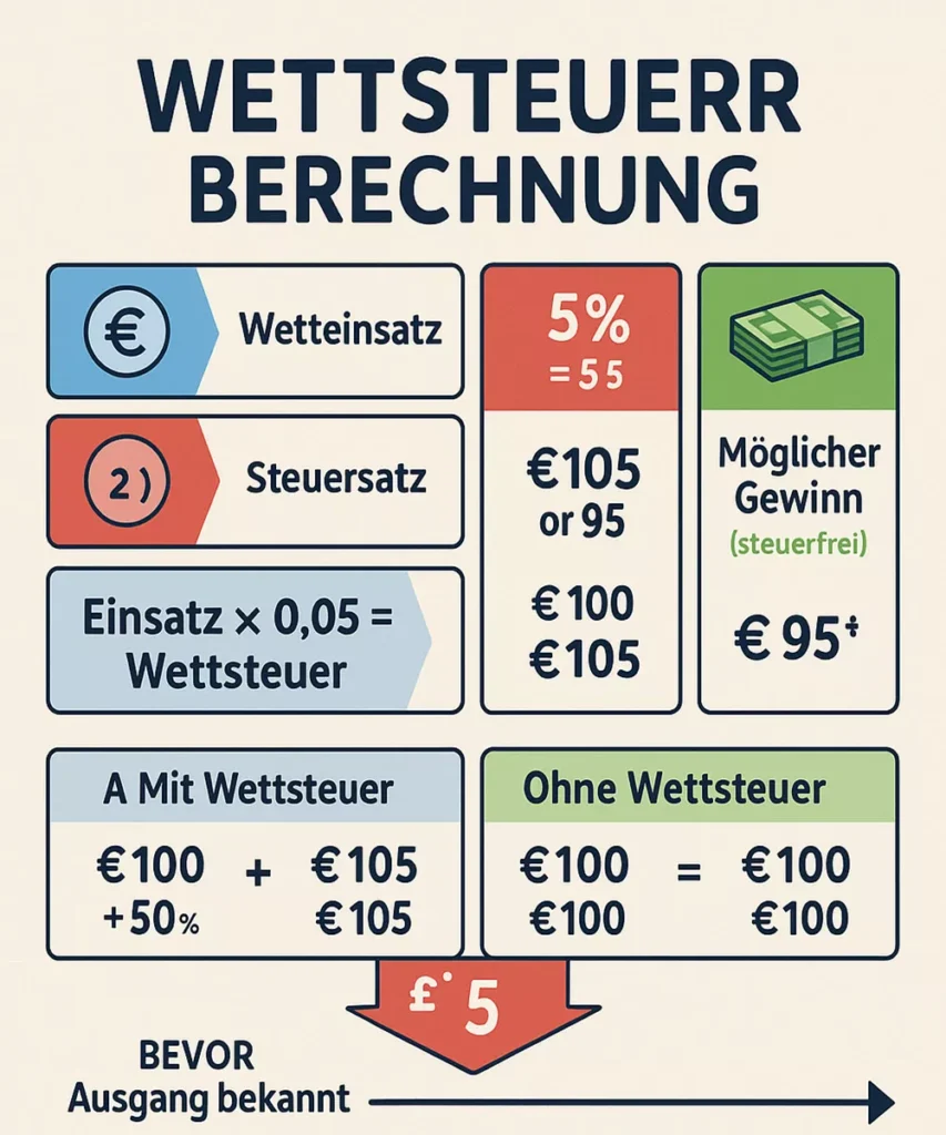 Wettsteuer-Berechnung Schritt für Schritt: Beispiele zur 5-Prozent-Steuer auf Wetteinsätze
